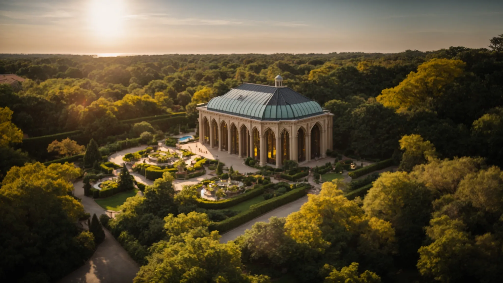 a captivating aerial view of an elegant wedding venue adorned with lush greenery and ornate stained glass, bathed in warm, golden sunlight, symbolizing the careful budget considerations couples make when choosing the perfect setting for their ceremony.