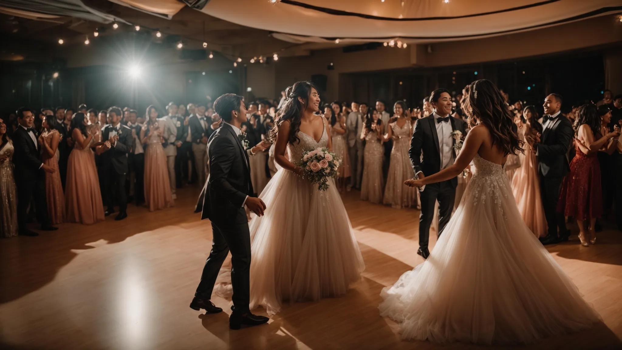 a captivating wedding reception scene illuminated by soft, warm lighting, showcasing a lively dance floor filled with joyful guests swaying to the music, while a stylish dj booth stands nearby, radiating an atmosphere of celebration and unforgettable memories.