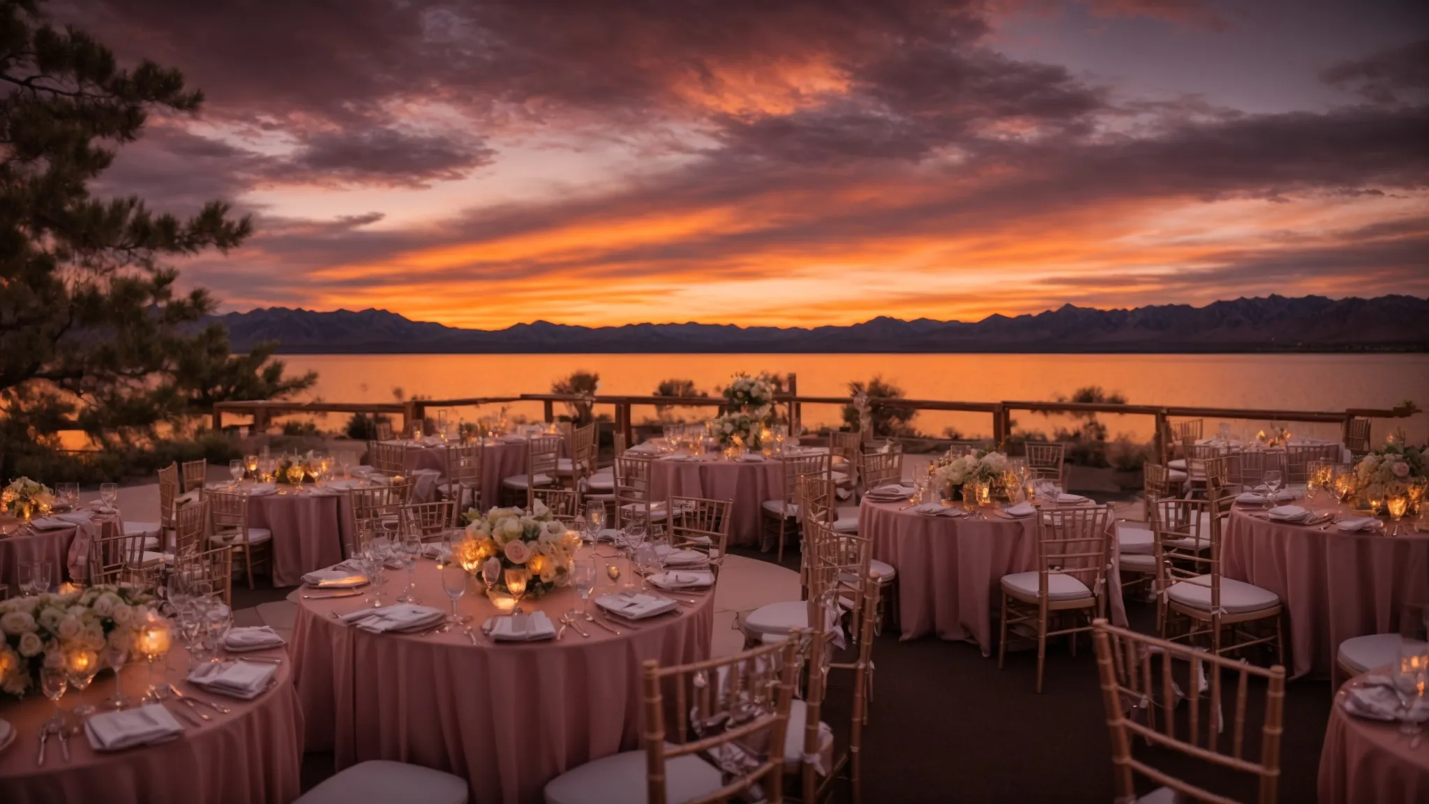 a stunning lakeside venue in nevada, framed by vibrant sunset hues reflecting on calm waters, showcases an elegant dining arrangement that embodies the perfect atmosphere for a memorable wedding celebration.