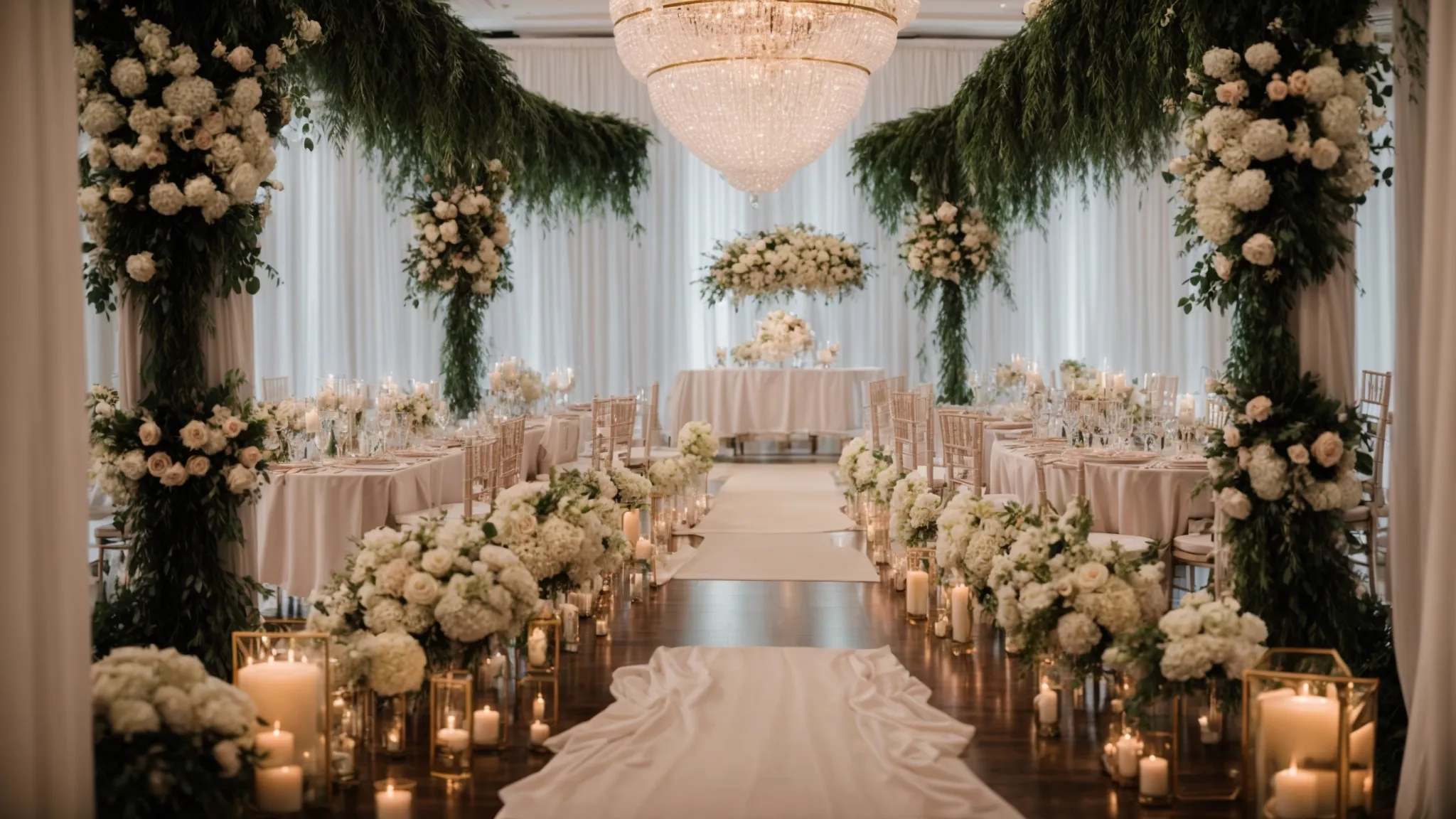 a stunning wedding venue showcases an elegant reception area adorned with lush floral arrangements, soft ambient lighting, and beautifully set tables, capturing the essence of a perfect celebration.