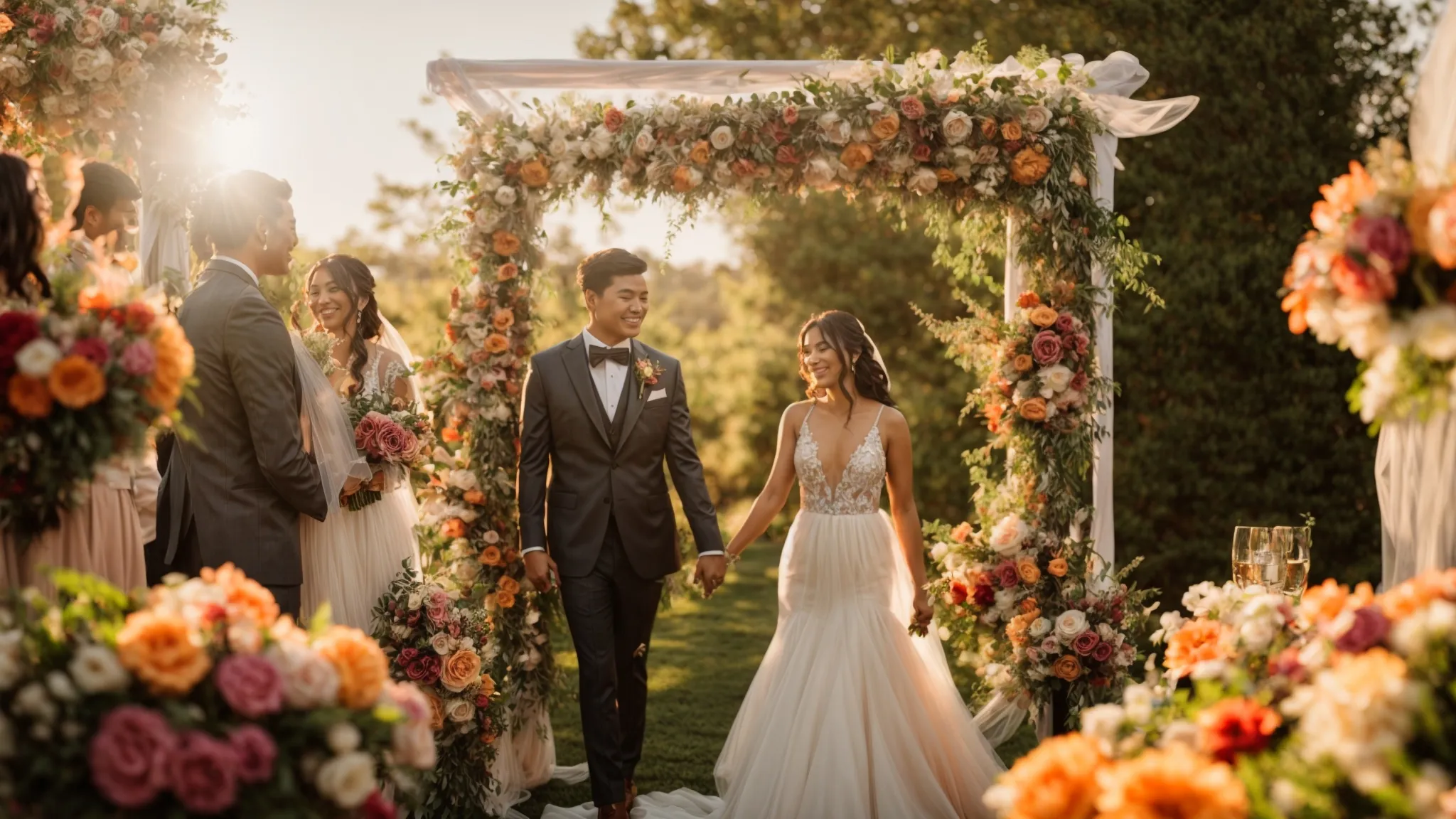 a vibrant and romantic wedding venue adorned with lush floral arrangements and soft candlelight, captured in warm golden hour light, symbolizing the joyous decision-making process of couples finalizing their dream wedding location.