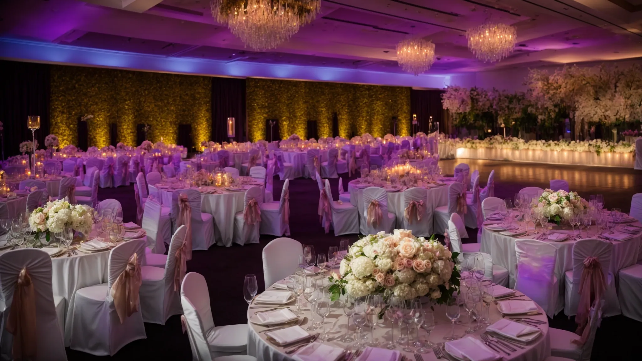 a vibrant and spacious banquet hall overlooking the shimmering waters of chelsea piers, adorned with elegant floral arrangements and soft ambient lighting, creating a perfect atmosphere for memorable celebrations.