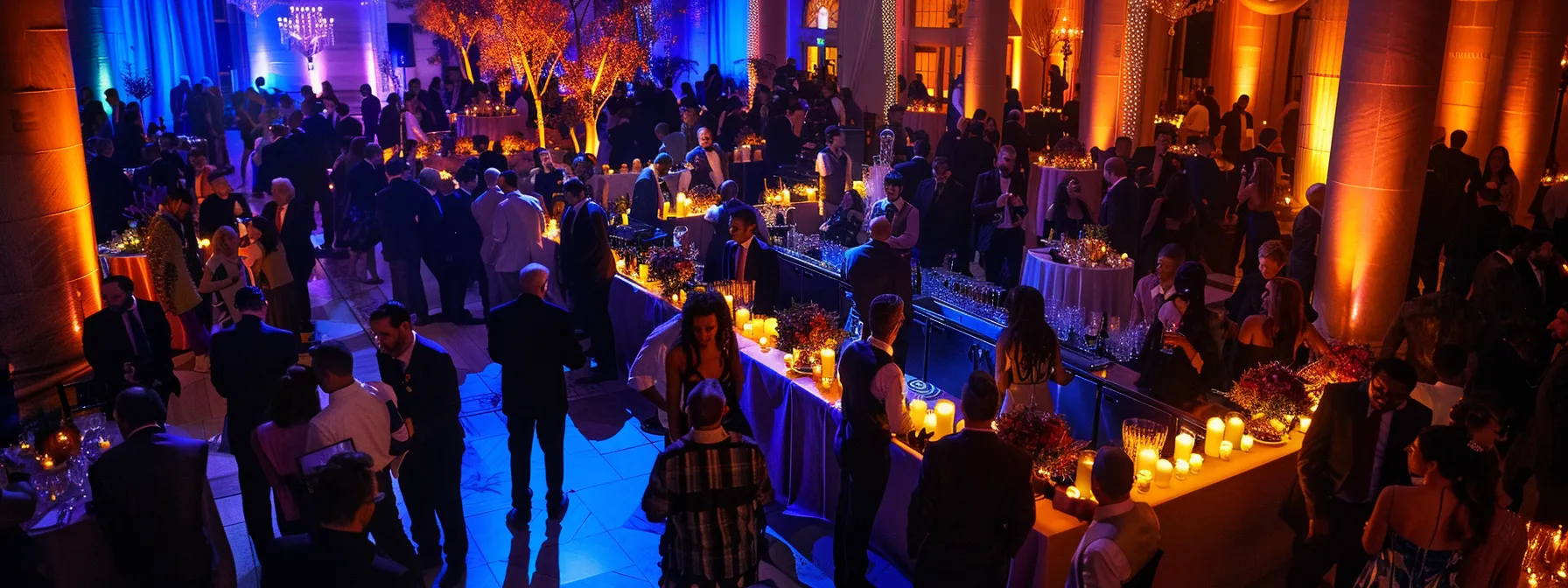 a vibrant bar mitzvah celebration unfolds, adorned with unique thematic decorations that blend traditional hanukkah elements with elegant italian influences, illuminated by warm candlelight and surrounded by joyful guests immersed in the festive atmosphere.