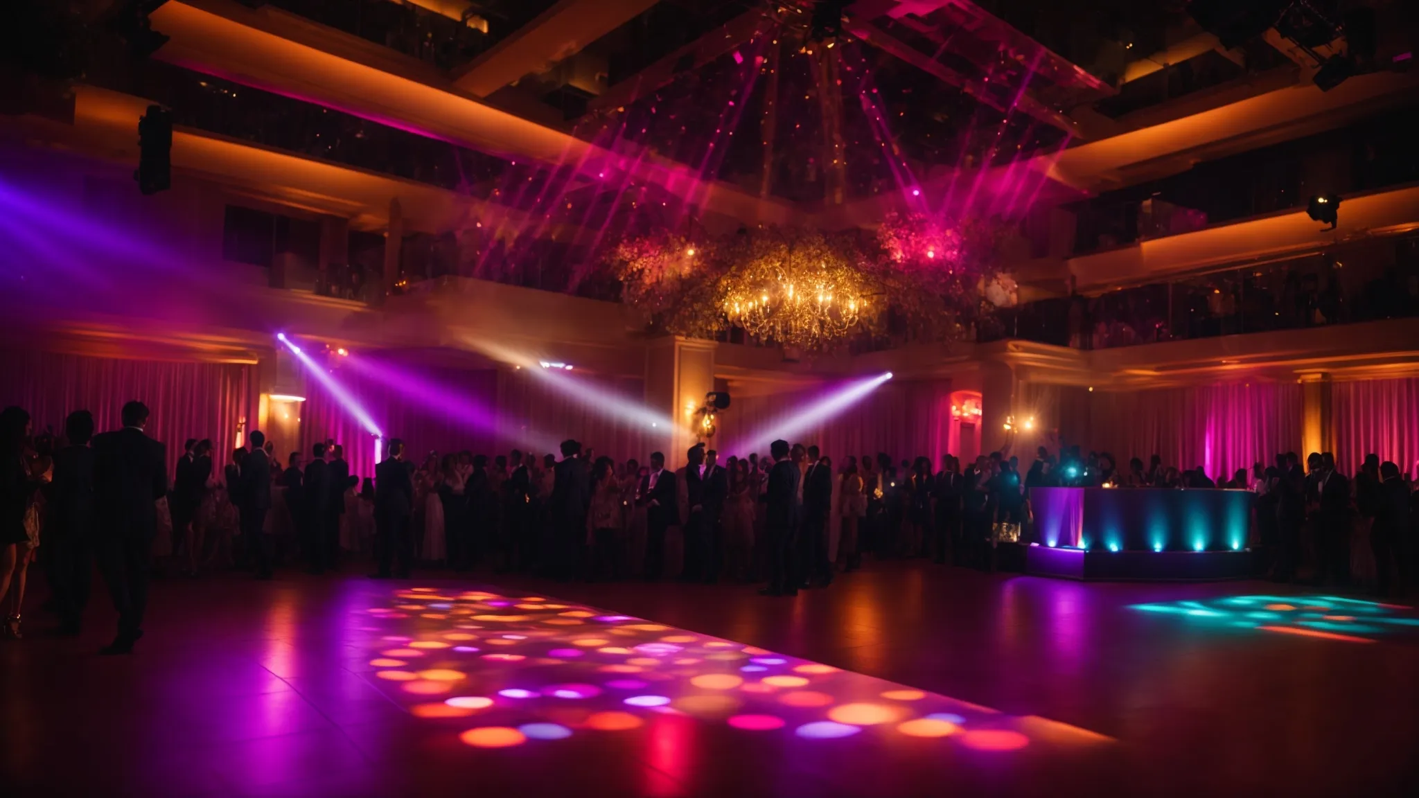 a vibrant dance floor illuminated by dynamic uplighting and colorful spotlights, creating an energetic atmosphere that invites guests to celebrate and immerse themselves in the joyful ambiance of the event.