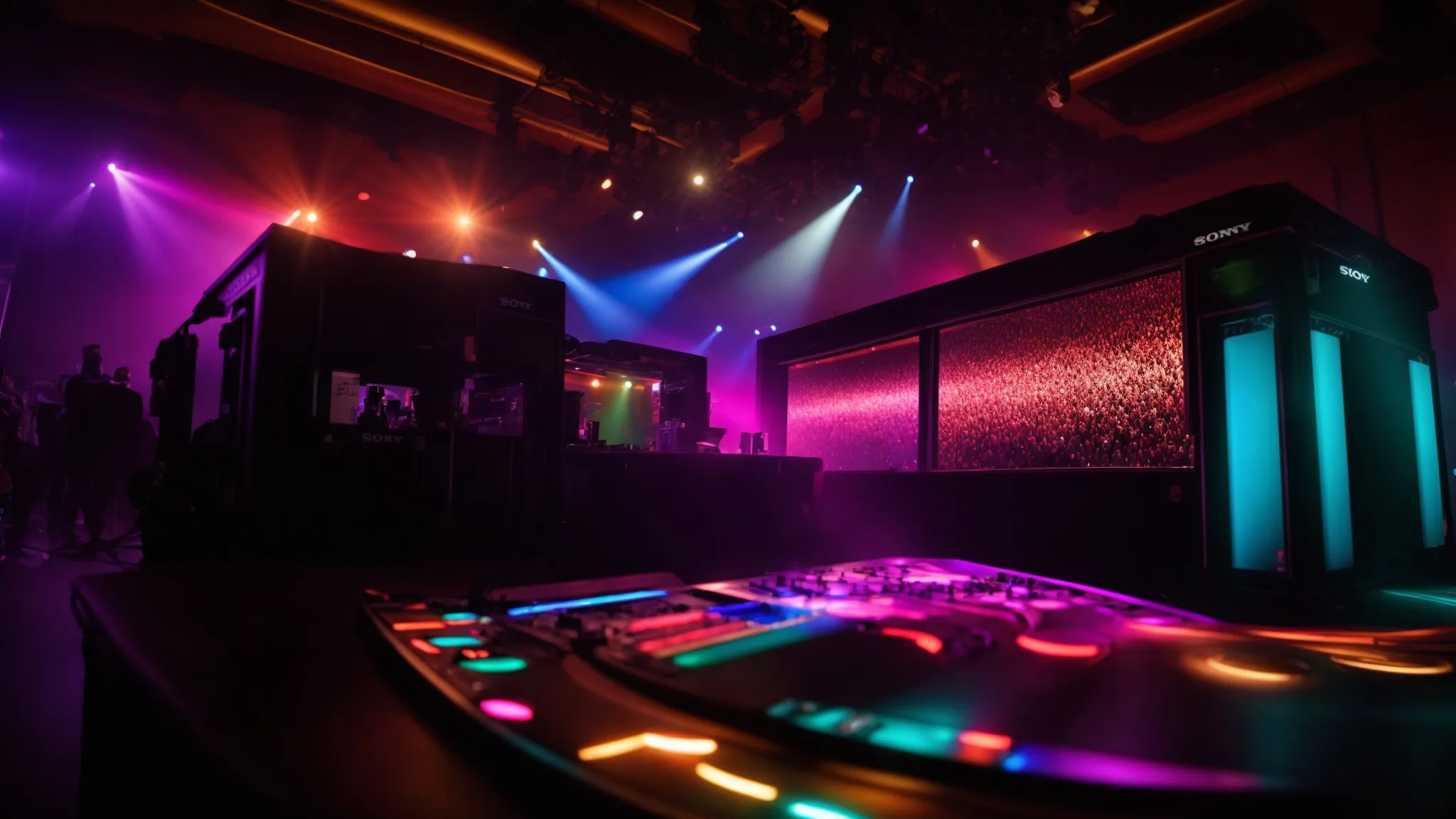 a vibrant dj booth illuminated by colorful lights, set against the backdrop of a lively vancouver event, capturing the energy and excitement of a memorable celebration.