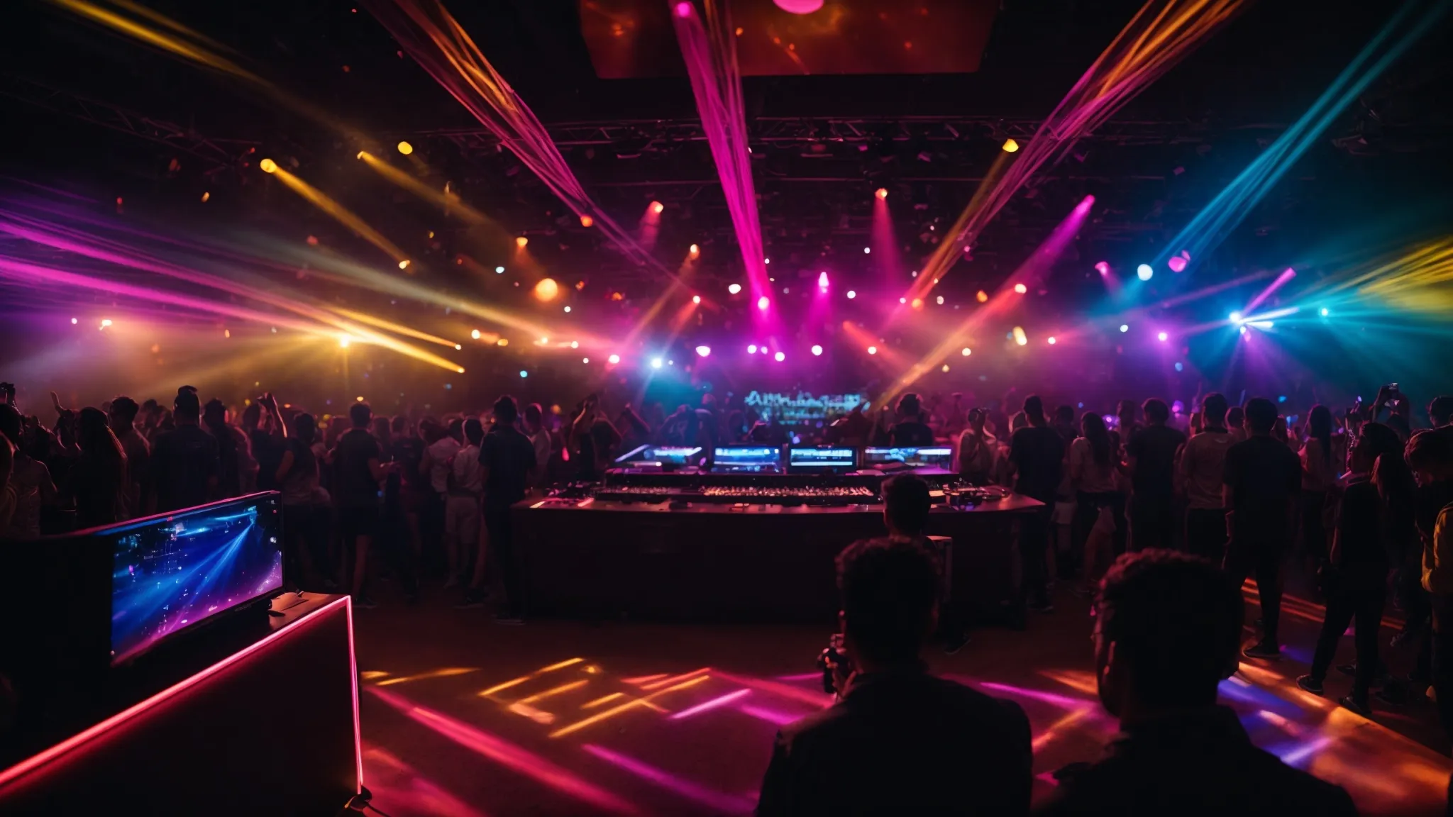 a vibrant dj booth illuminated by colorful lights, surrounded by an energetic crowd dancing with joy, encapsulating the essence of a lively celebration in vancouver.