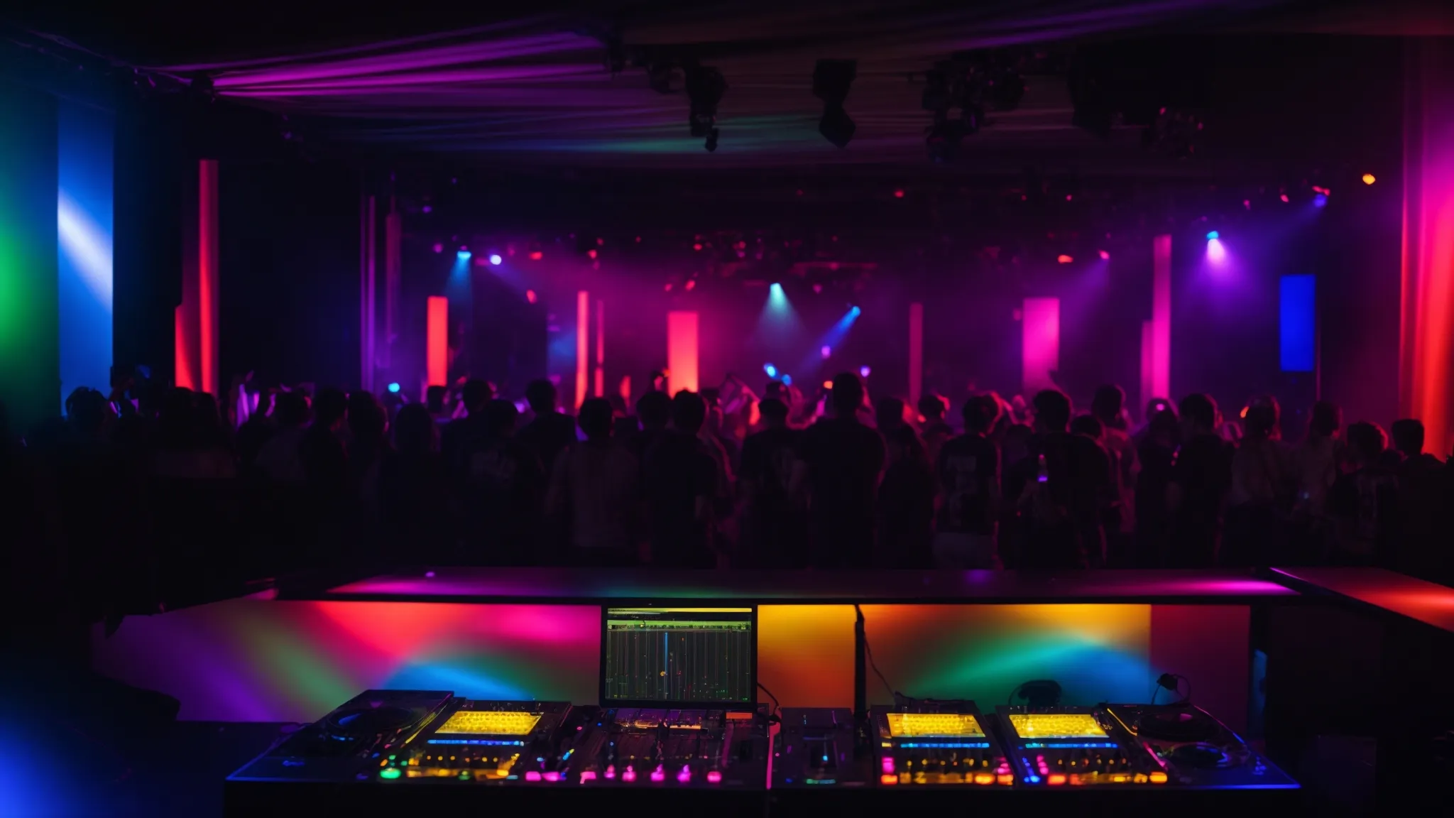 a vibrant dj booth, illuminated by colorful lights, pulsates with energy as a skilled dj captivates a diverse crowd at a lively event, embodying the versatility and excitement of professional dj services.