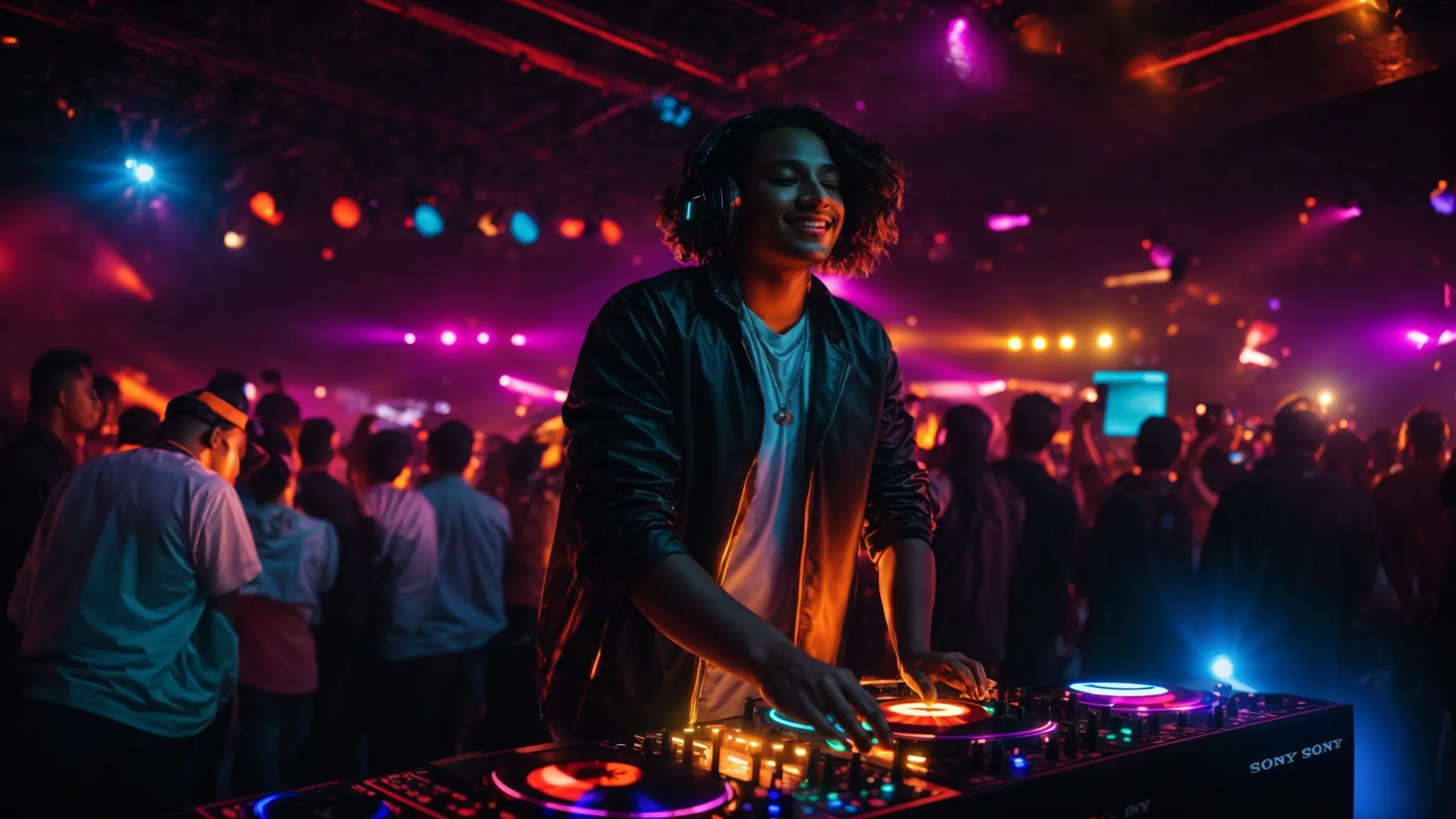 a vibrant dj booth pulsates with colorful lights, surrounded by an ecstatic crowd swaying to the rhythms, encapsulating the electric atmosphere of an unforgettable event where positive reviews and energetic performances blend seamlessly.