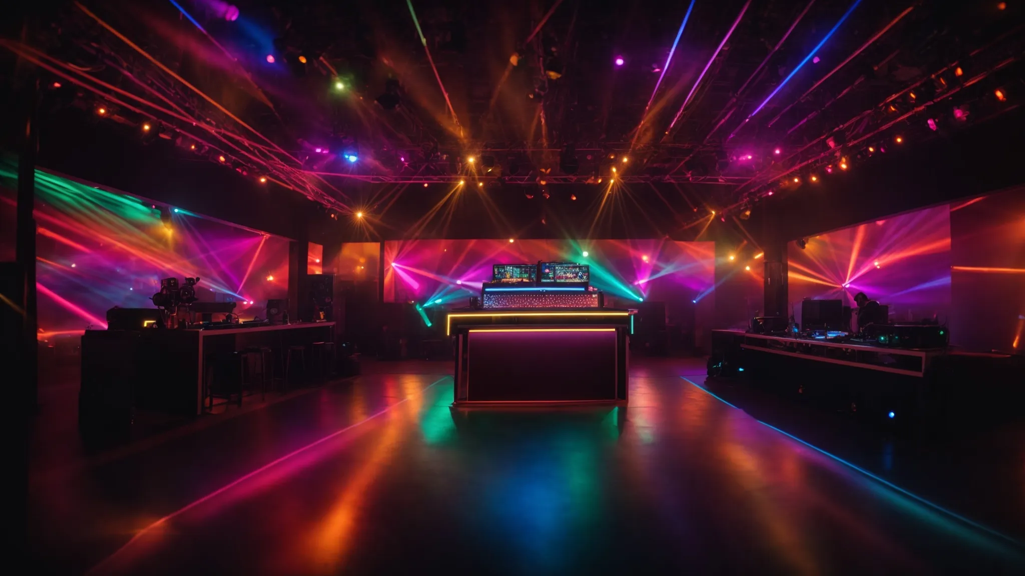 a vibrant dj booth pulsates with colorful lights as an energetic crowd dances joyfully, embodying the electrifying atmosphere of a lively party in british columbia.