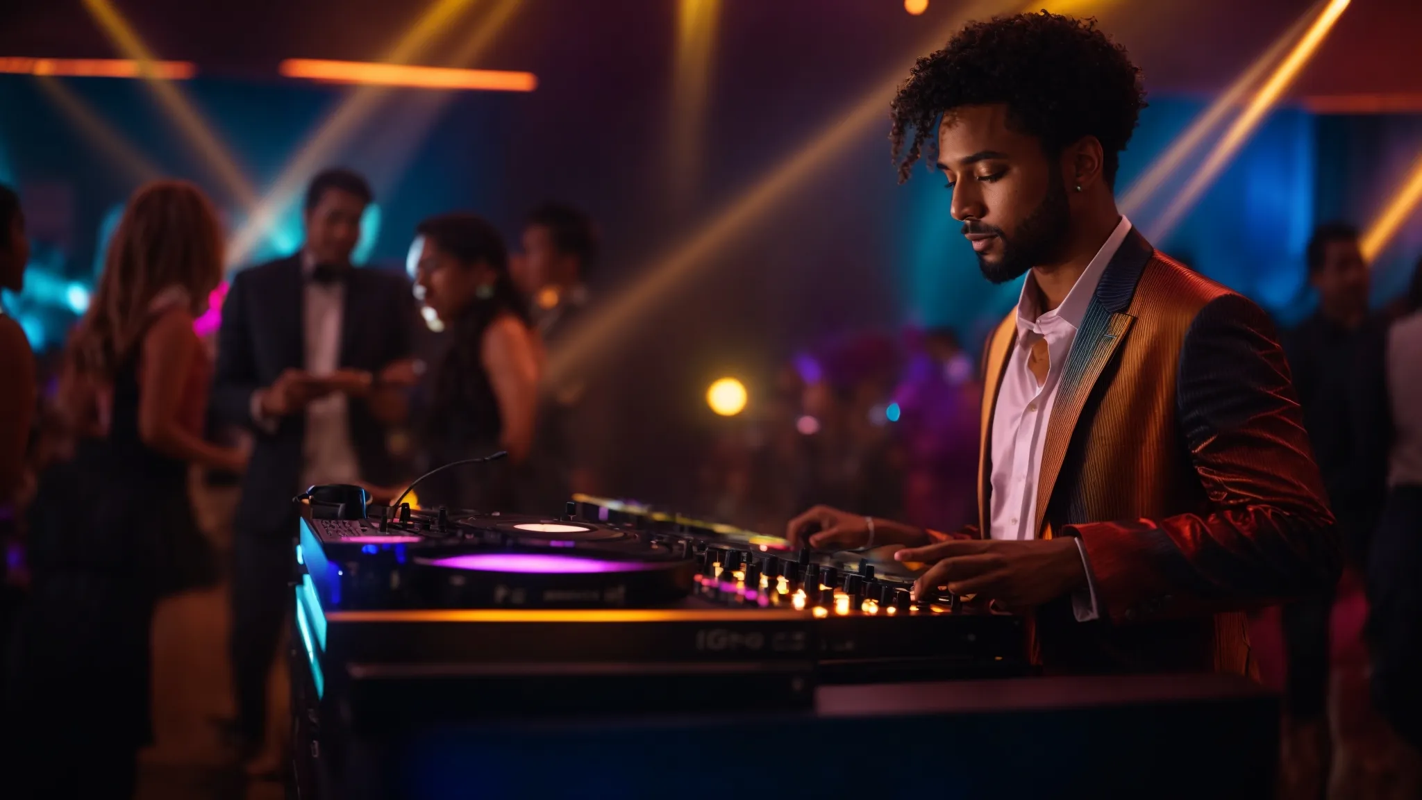 a vibrant dj stands confidently at an elegantly decorated event, with dynamic lights cascading through the air, creating an electrifying atmosphere as guests of diverse backgrounds dance joyfully to an eclectic playlist that captures the essence of celebration.