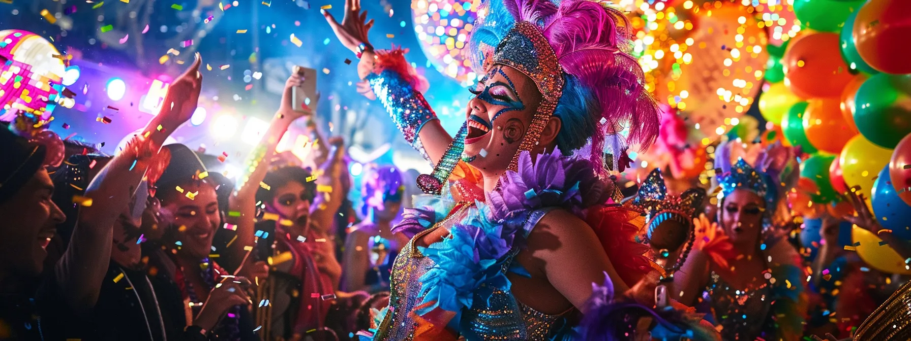 a vibrant, dynamic scene showcasing a festival of drag performers in extravagant costumes, illuminated by colorful stage lights, with an enthusiastic crowd celebrating diversity and talent.