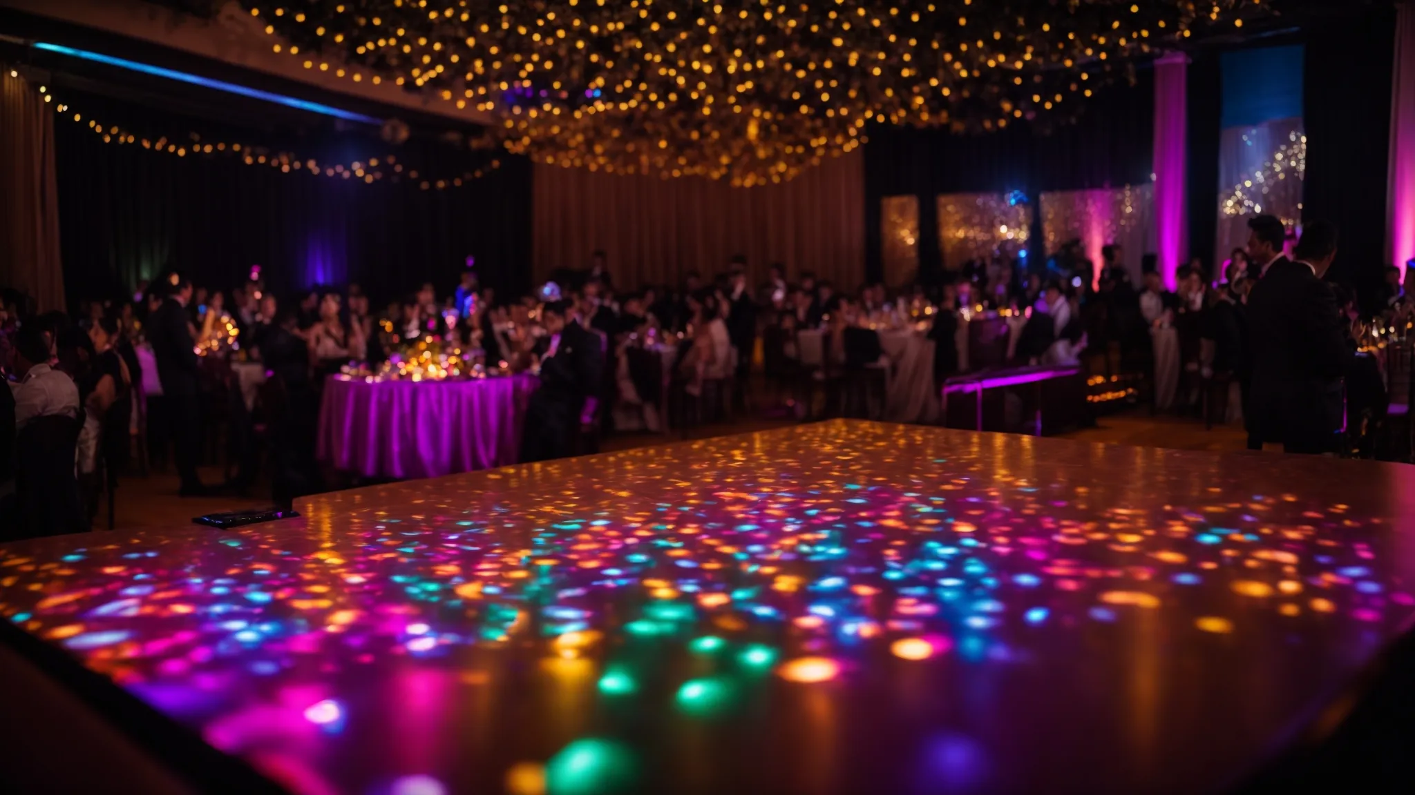 a vibrant wedding reception scene showcases a talented dj immersed in a colorful array of lights, creating an electrifying atmosphere filled with joyful dancing and celebration.