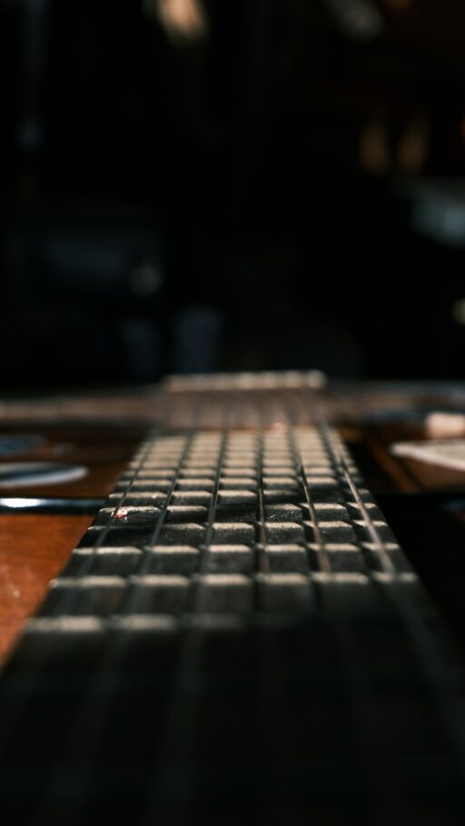 Close-up of a guitar fretboard and strings