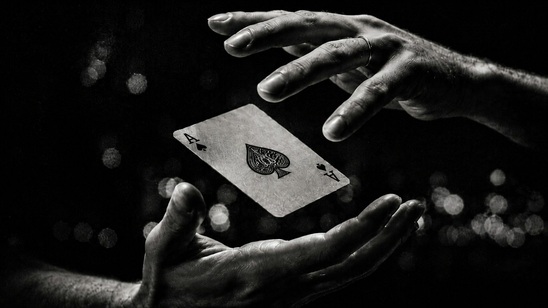 Two hands with an ace of spades playing card floating between them, in black and white, with soft lights behind.