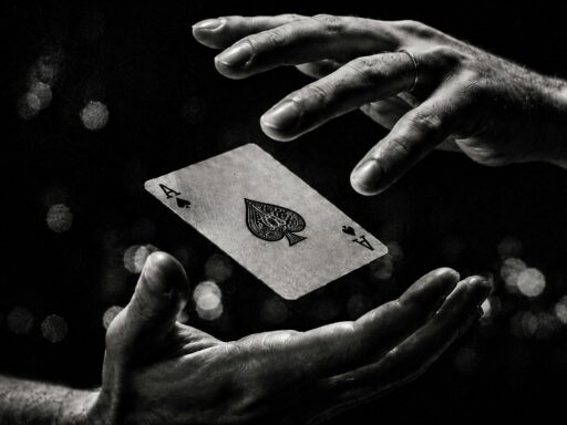 Two hands with an ace of spades playing card floating between them, in black and white, with soft lights behind.