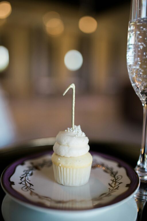 A cupcake with a lit candle on a plate