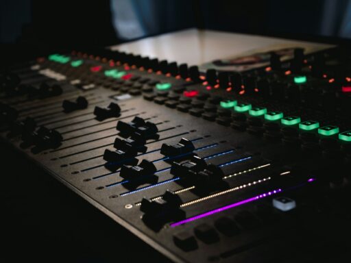 DJ mixing console with glowing controls, ready for an event