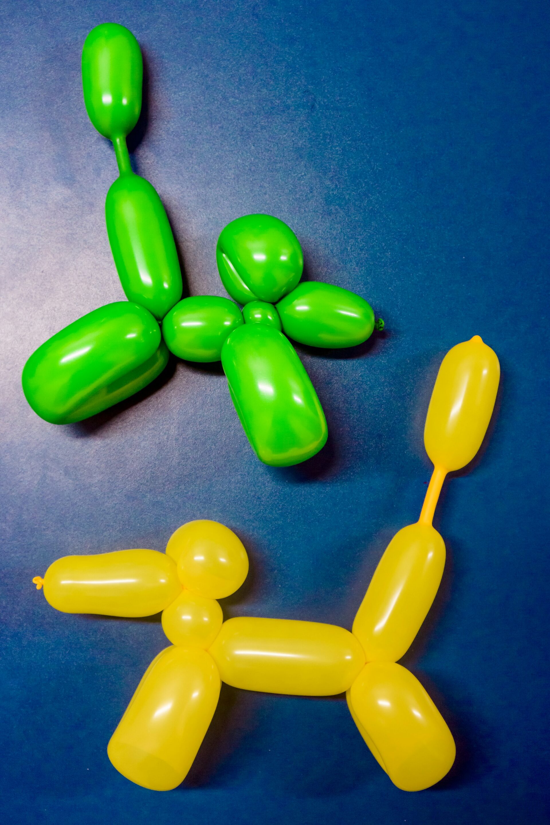 Two balloon animals, one green and one yellow, on a blue background.