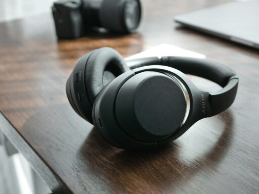 A pair of headphones on a wooden table
