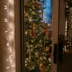 A decorated holiday tree with white lights, seen through an open door.