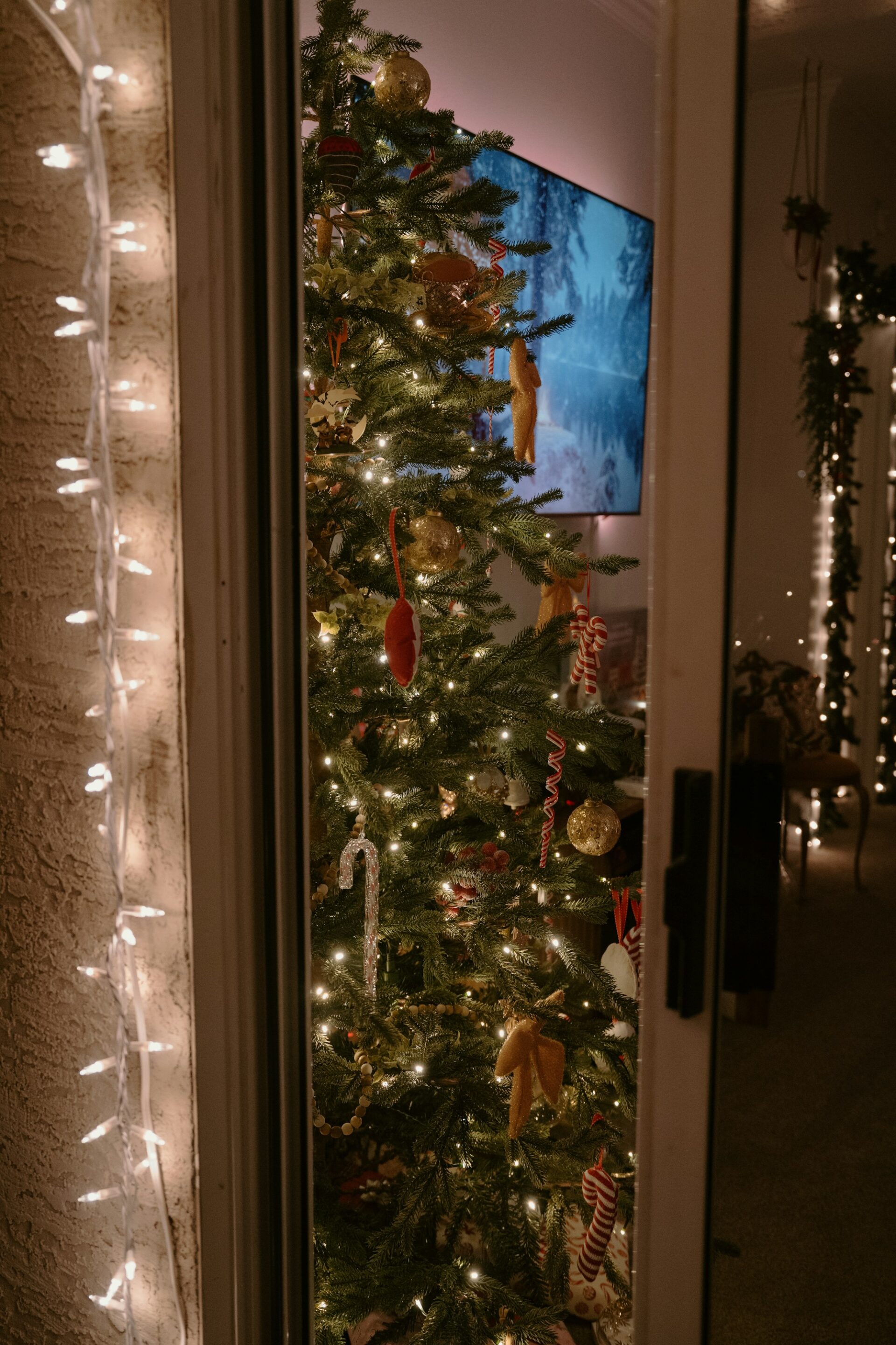 A decorated holiday tree with white lights, seen through an open door.