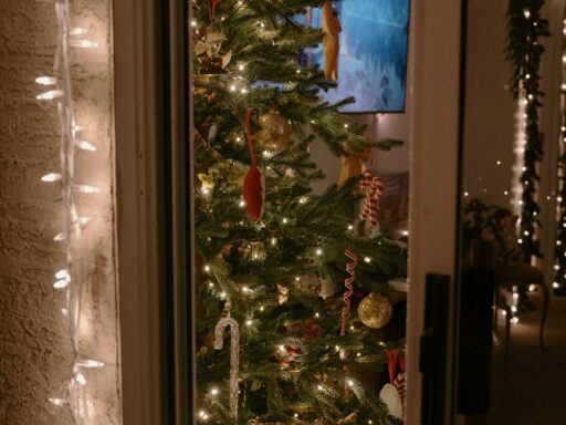 A decorated holiday tree with white lights, seen through an open door.