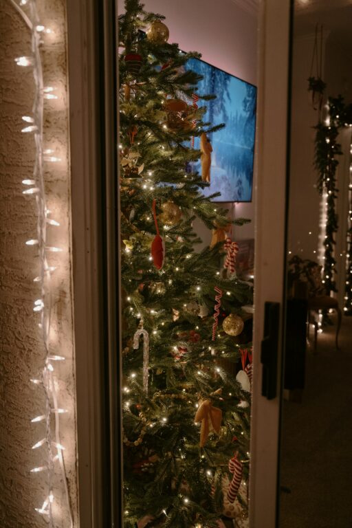 A decorated holiday tree with white lights, seen through an open door.