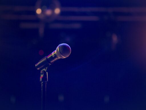 A microphone on a stand in front of a blurred, dimly lit stage.