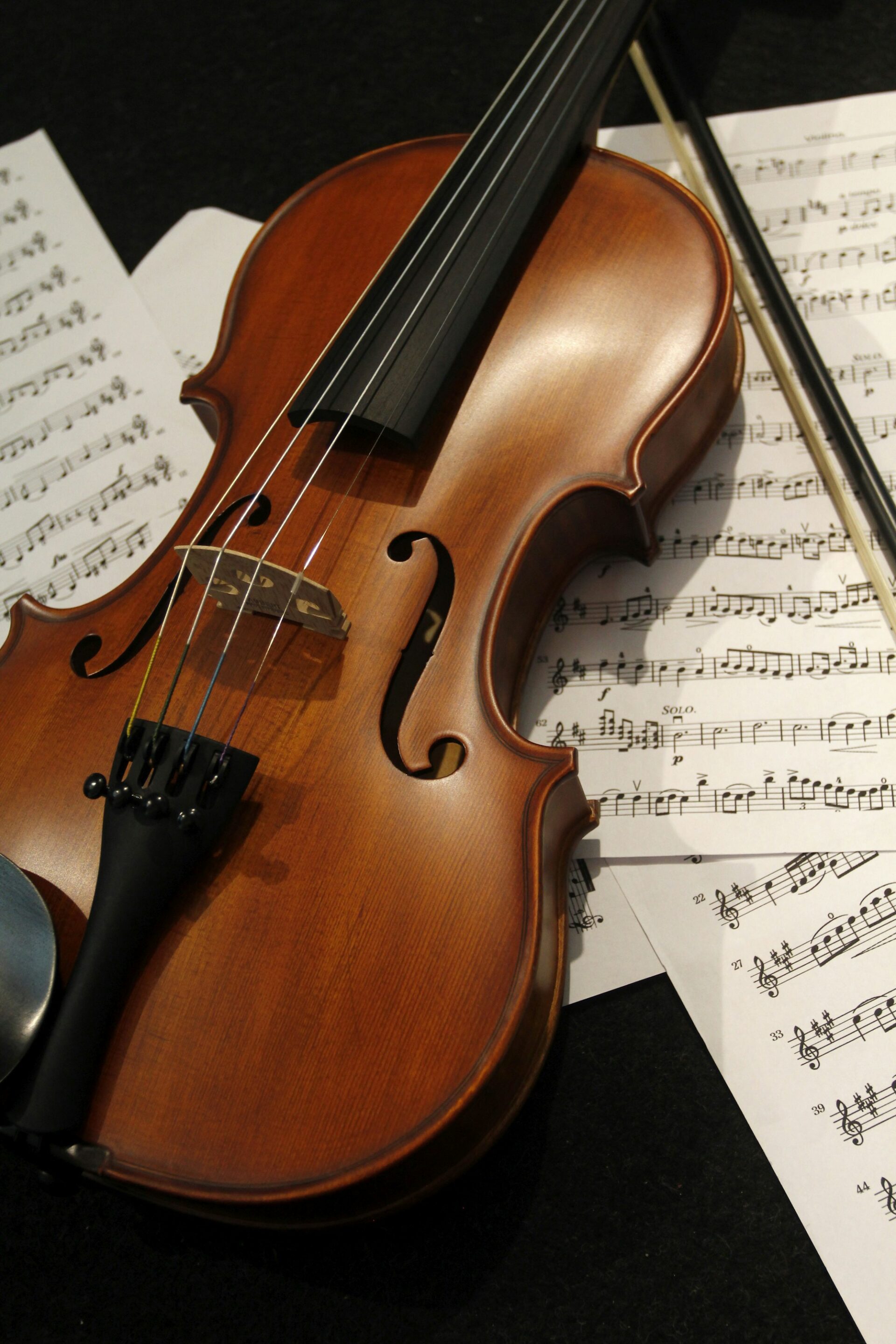 A violin resting on sheet music