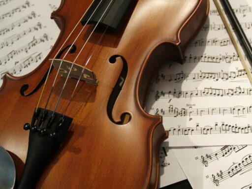 A violin resting on sheet music
