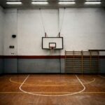 An empty school gym with a basketball hoop and wall bars.