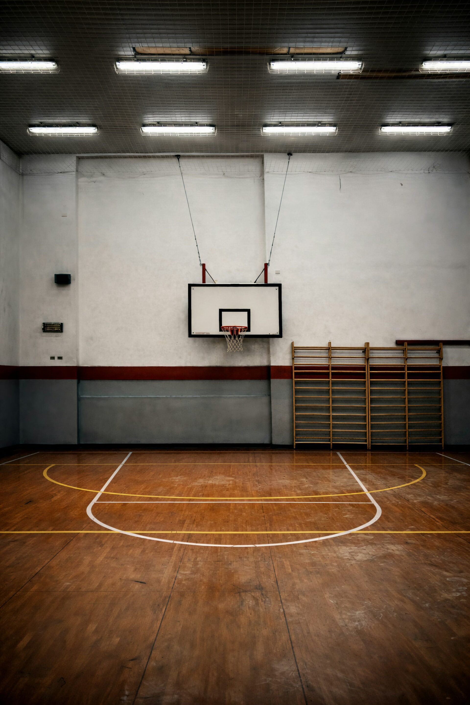 An empty school gym with a basketball hoop and wall bars.