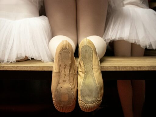 A pair of ballet shoes on a wooden shelf